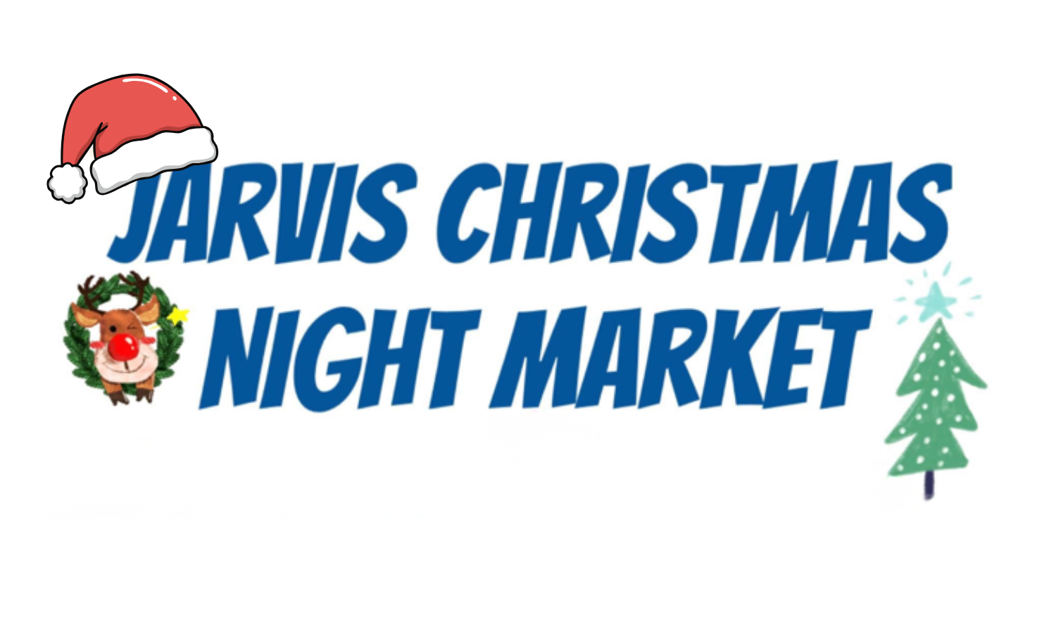 Wording with a christmas tree, reindeer and santa hat graphic